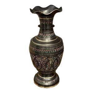 Vase‎ Brass Metal Ombre Gold Tone Floral Bohemian Vtg Hand Etched Size 10" H